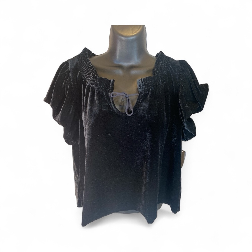 Free People Black Velvet Flutter Sleeve Top XS NWT - Picture 8 of 11